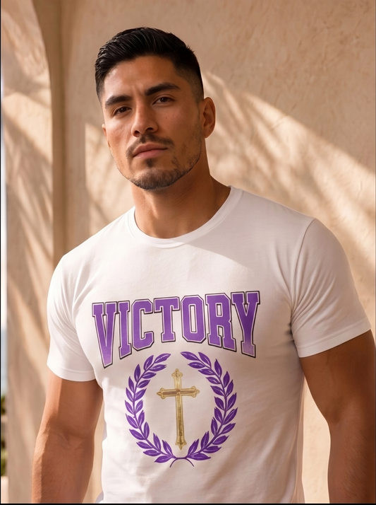 Man wearing a white t-shirt with 'VICTORY' printed on it against a beige wall.