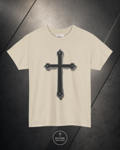 Beige t-shirt with a black cross design on a dark surface