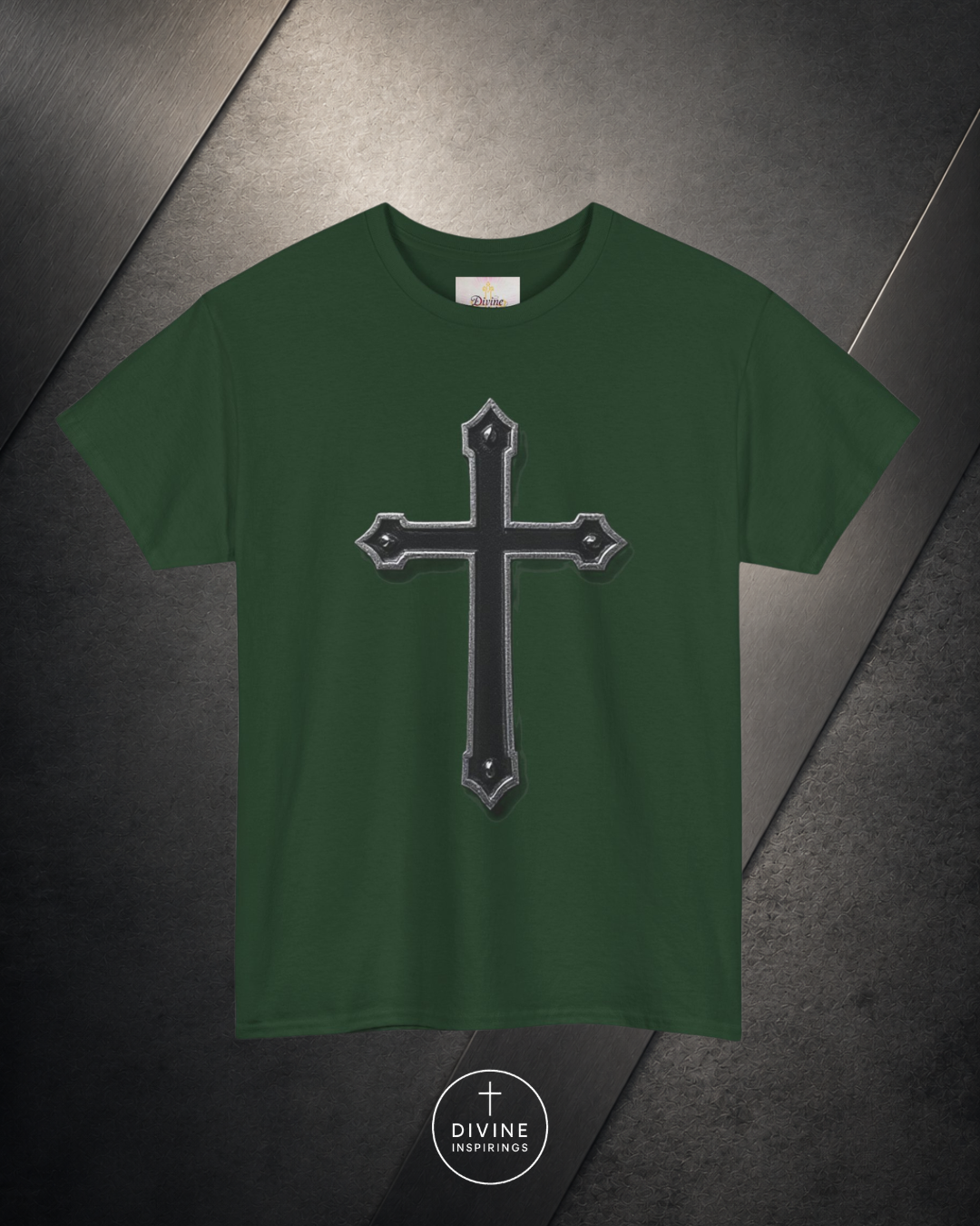 Green t-shirt with a black cross design on a dark textured background