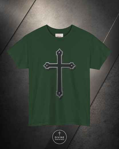 Green t-shirt with a black cross design on a dark textured background