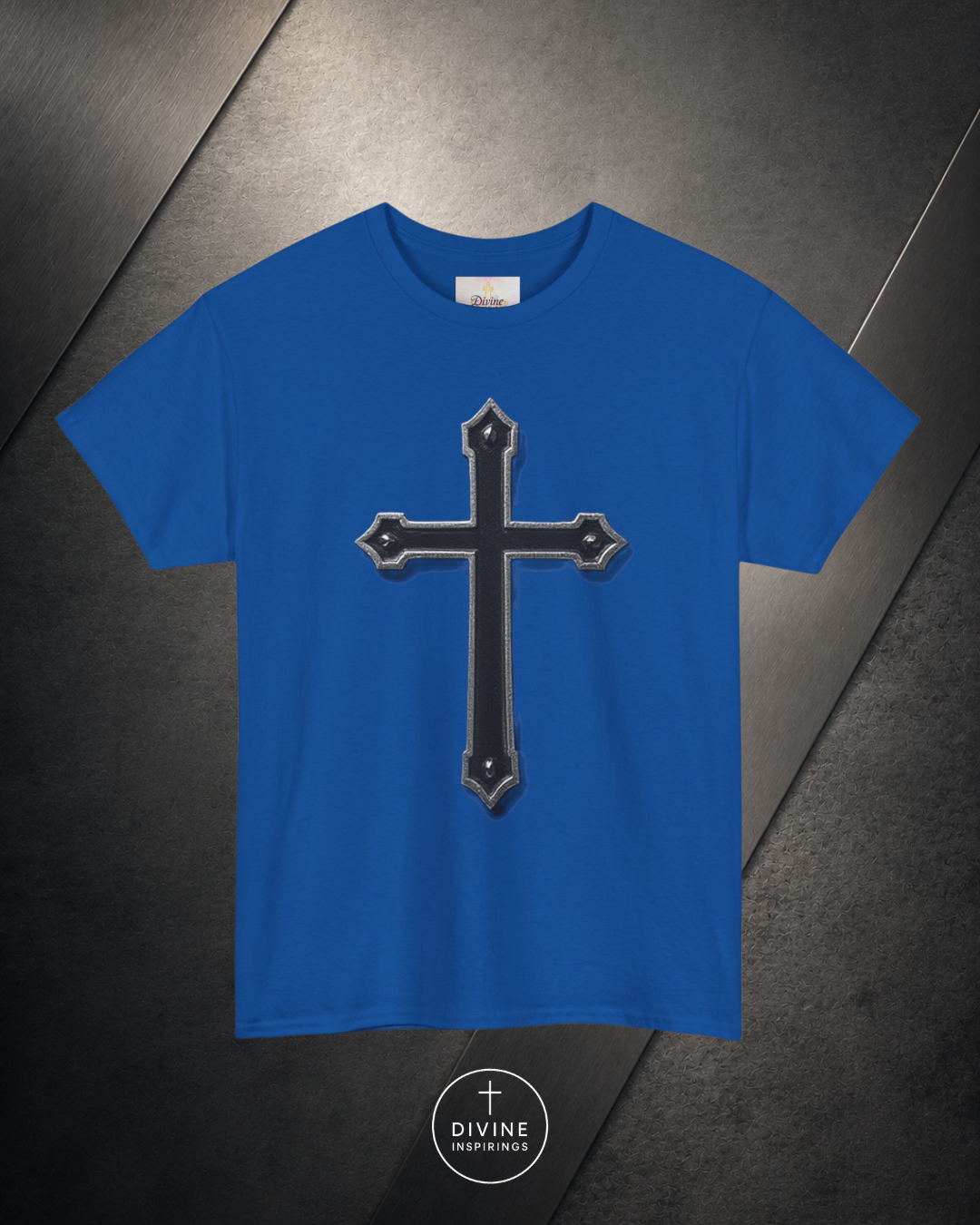 Blue t-shirt with a black cross design on a dark textured background