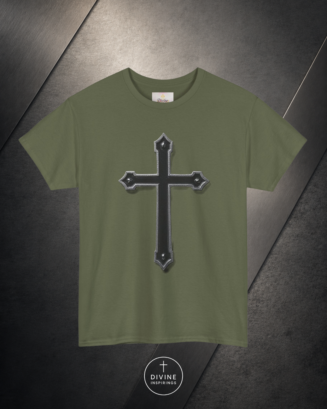Green t-shirt with a black cross design on a dark gray background