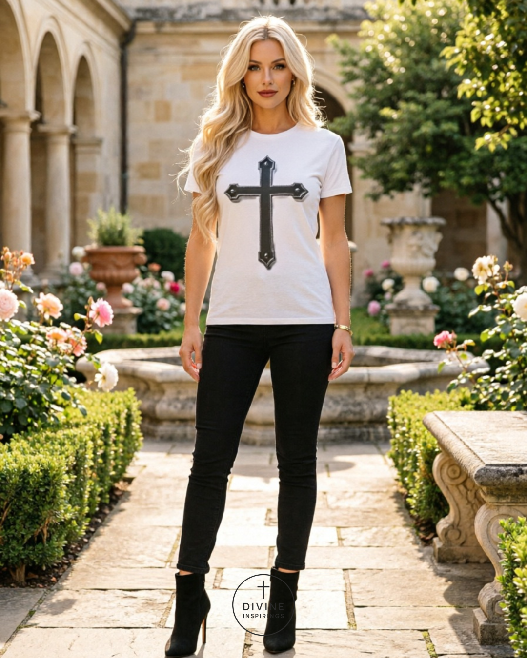 Woman wearing a white t-shirt with a black cross design in an outdoor setting.