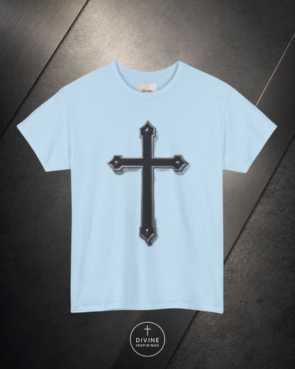 Light blue t-shirt with a black cross design on a dark surface
