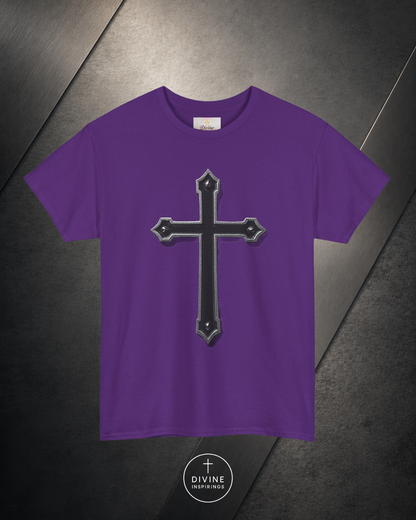 Purple t-shirt with a black cross design on a dark gray background