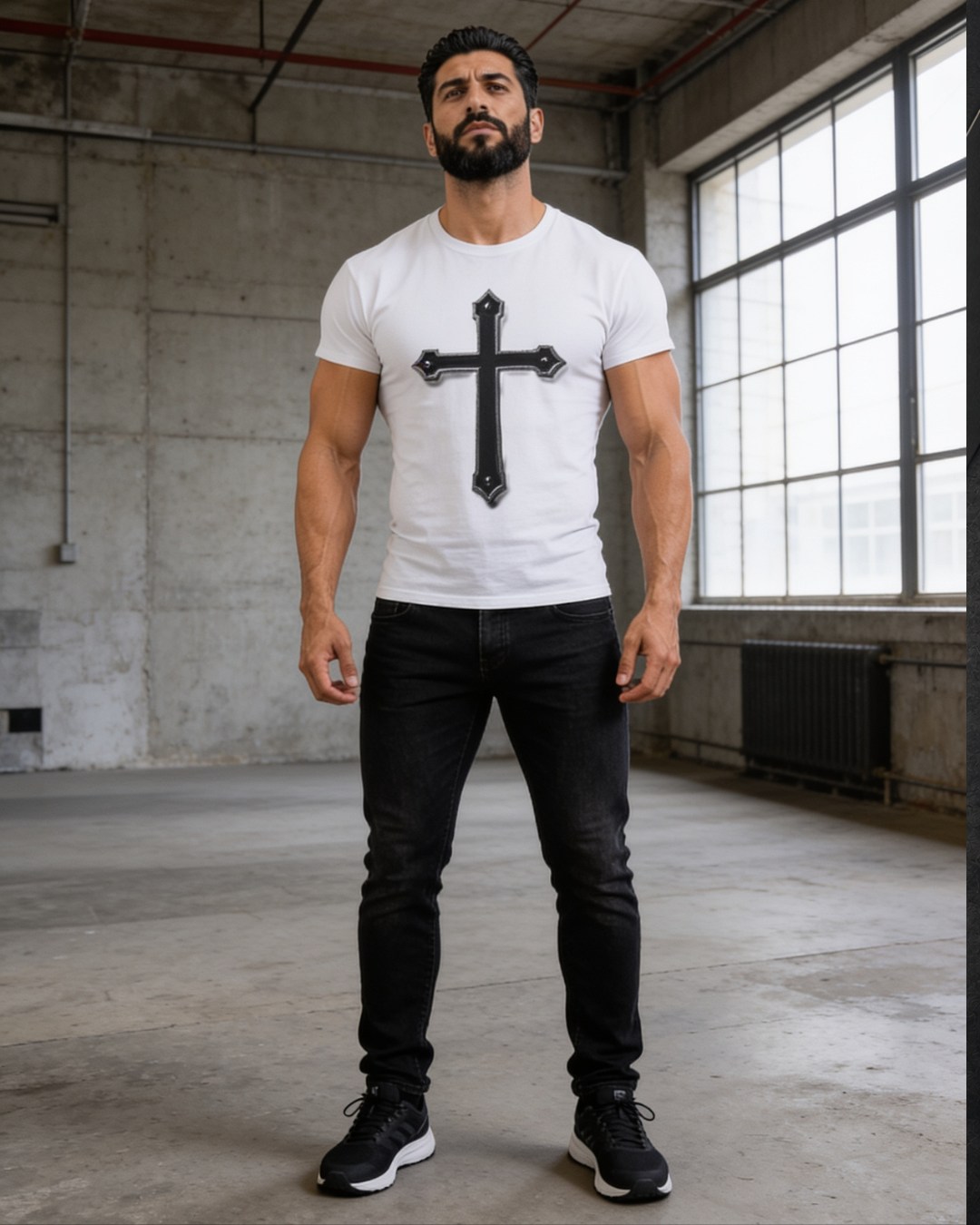 Man wearing a white t-shirt with a black cross design in an industrial setting