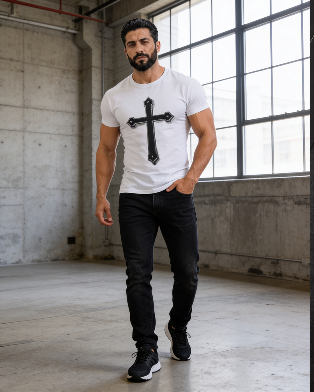 Man wearing a white t-shirt with a black cross design in an industrial setting