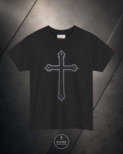 Black t-shirt with a silver cross design on a dark textured background
