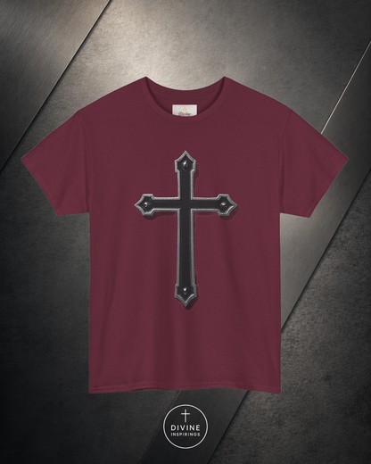 Maroon t-shirt with a black cross design on a dark textured background