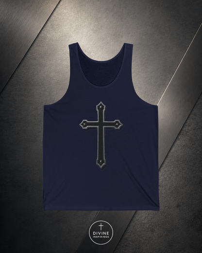 Navy tank top with a cross design on a dark metallic surface, featuring the brand 'Divine Inspirings'.