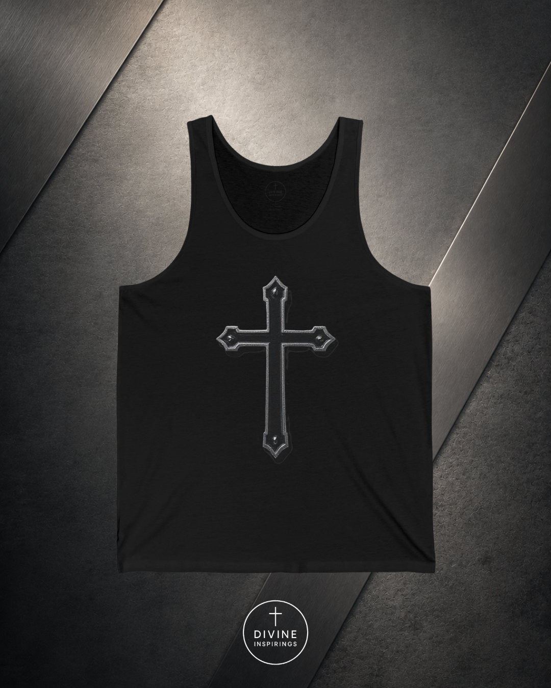 Black tank top with a cross design on a dark textured background