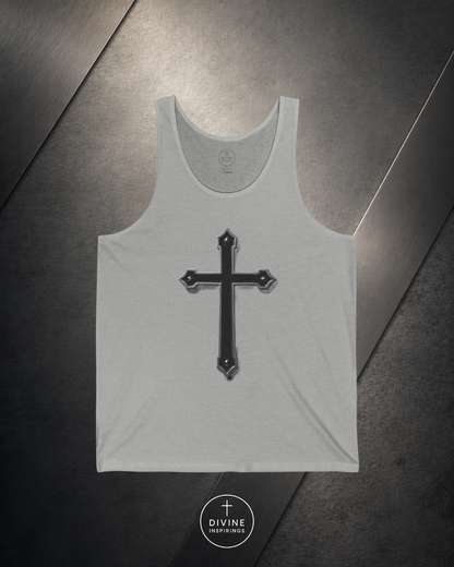 Gray tank top with a black cross design on a metallic surface, featuring the brand 'Divine Inspirings'.