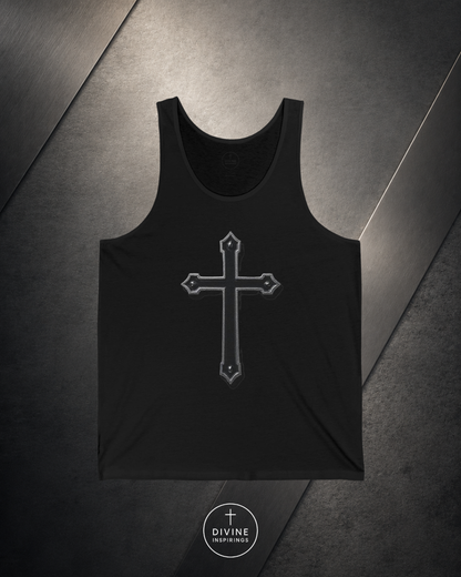 Black tank top with a cross design on a dark textured background