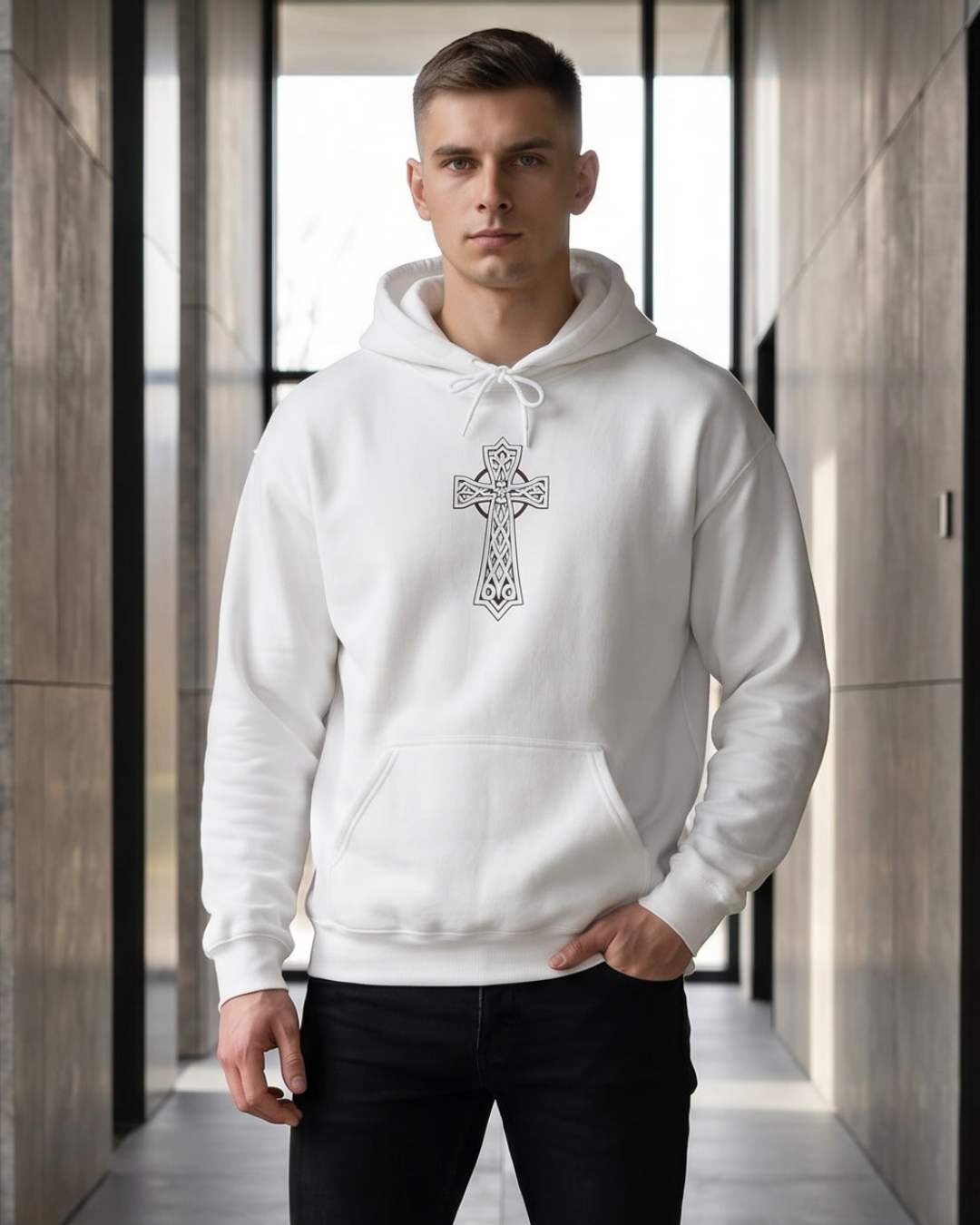 Man wearing a white hoodie with a cross design in a modern indoor setting