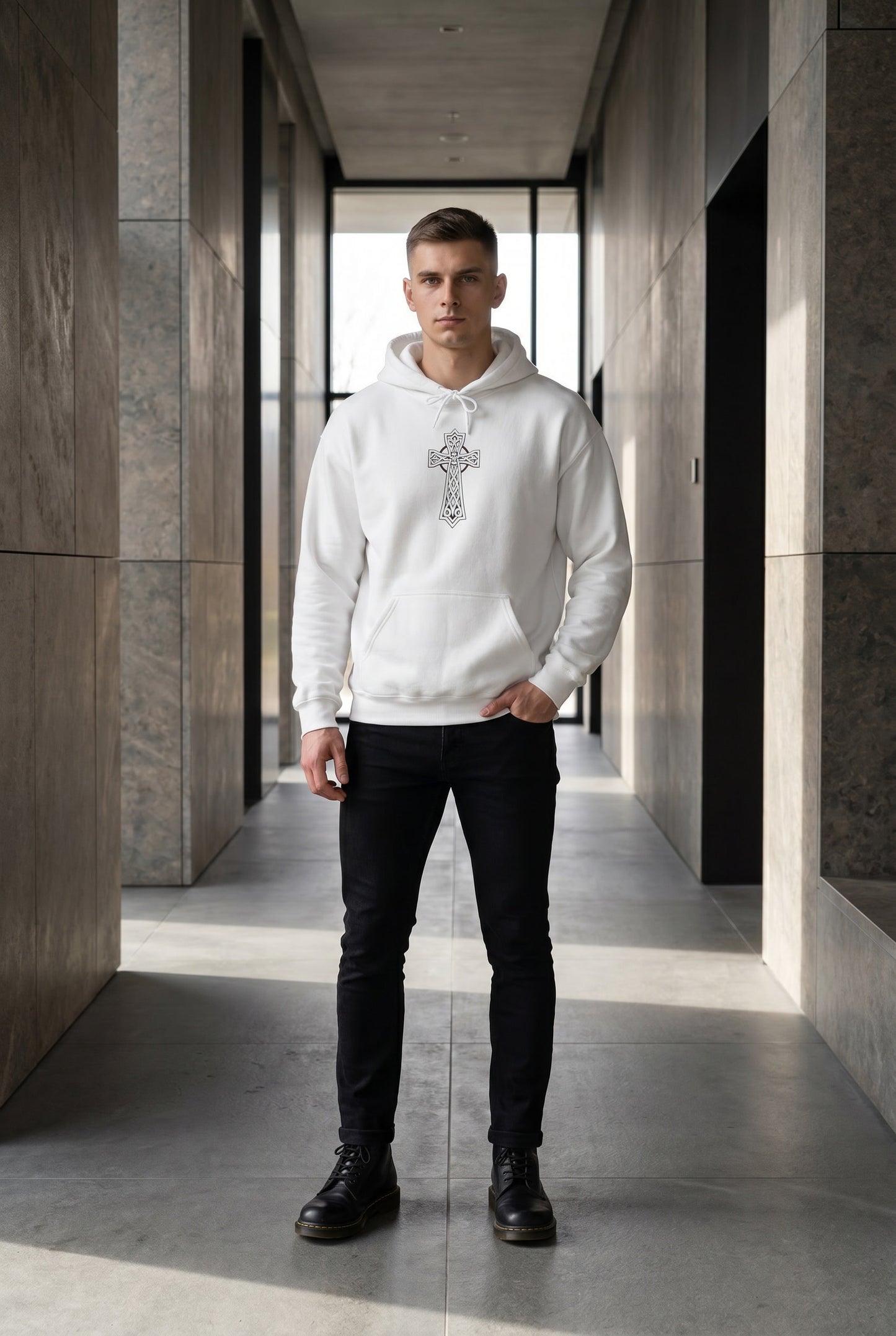 Man wearing a white hoodie with a cross design in a modern hallway.