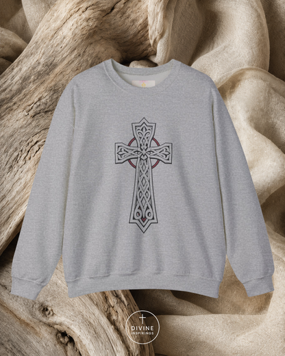 Gray sweatshirt with a Celtic cross design on a textured beige background