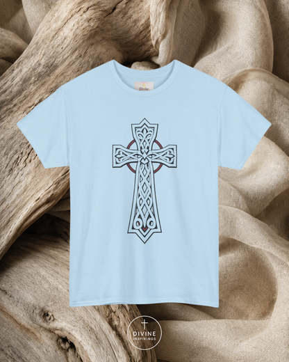 Light blue t-shirt with a Celtic cross design on a textured beige background