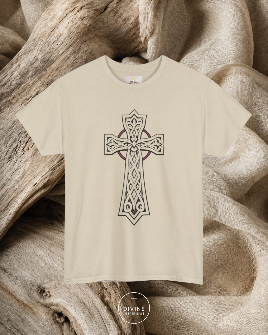 Beige t-shirt with a Celtic cross design on a textured beige background