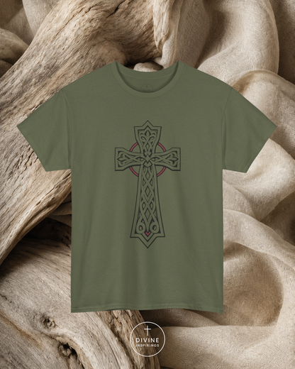 Green t-shirt with a Celtic cross design on a textured beige background