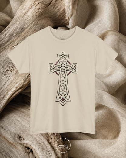 Beige t-shirt with a Celtic cross design on a textured beige background