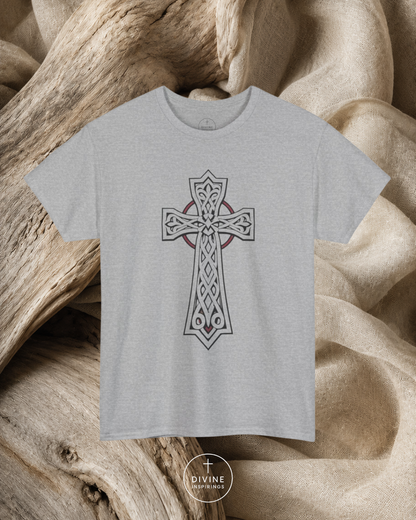 Gray t-shirt with a Celtic cross design on a textured beige background