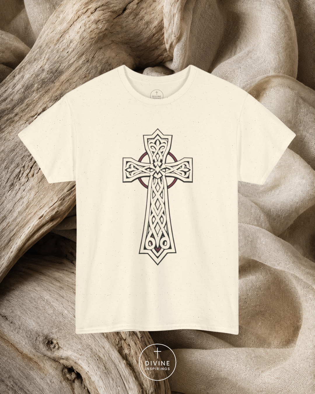 Beige t-shirt with a Celtic cross design on a textured beige background