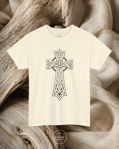Beige t-shirt with a Celtic cross design on a textured beige background