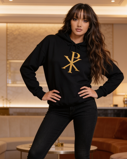 Woman wearing a black hoodie with a gold logo in an indoor setting