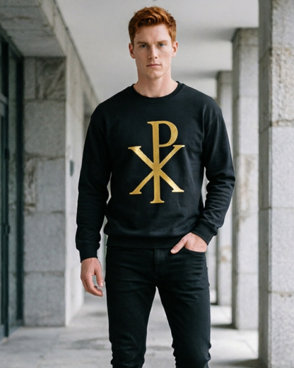 Person wearing a black sweatshirt with a gold logo in an urban setting