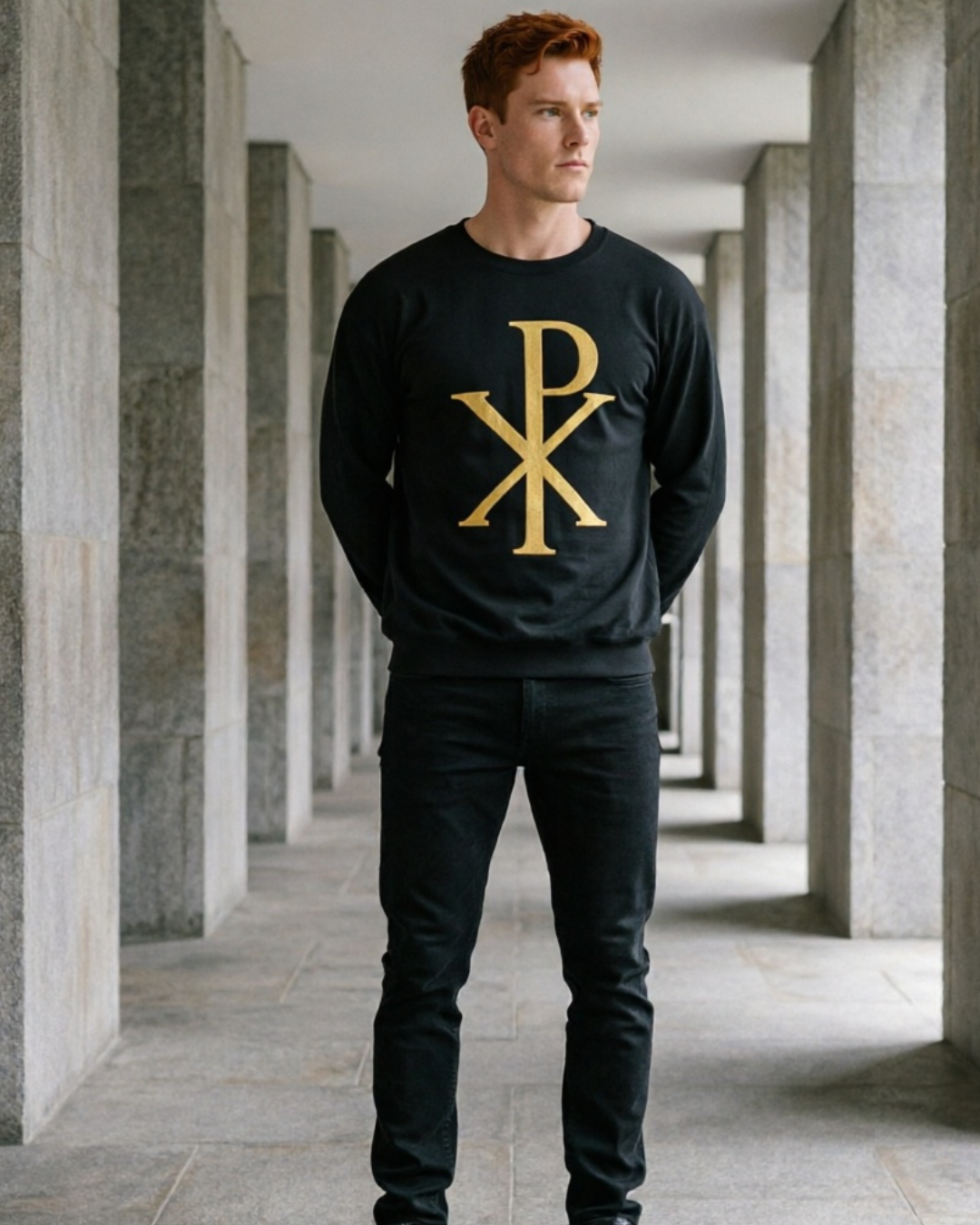 Man wearing a black sweatshirt with a gold logo in a stone hallway