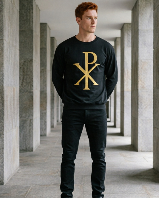 Man wearing a black sweatshirt with a gold logo in a stone hallway