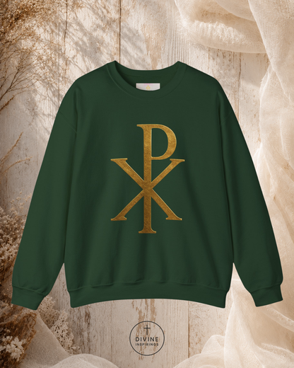 Black sweatshirt with gold symbol on a textured beige background