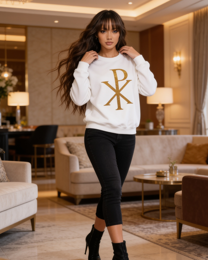 Woman wearing a white sweatshirt with a gold logo in a luxurious room.