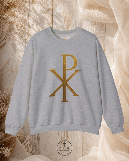 Gray sweatshirt with gold symbol on a textured beige background
