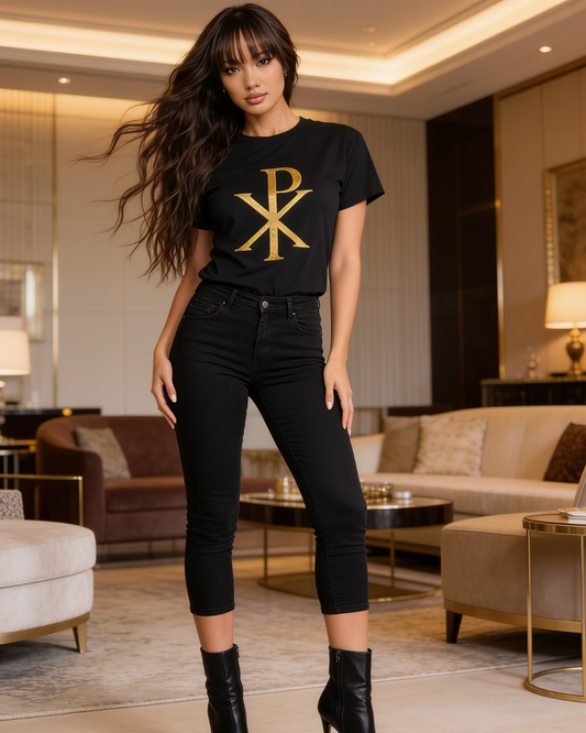 Woman wearing a black t-shirt with a gold logo in a stylish living room.