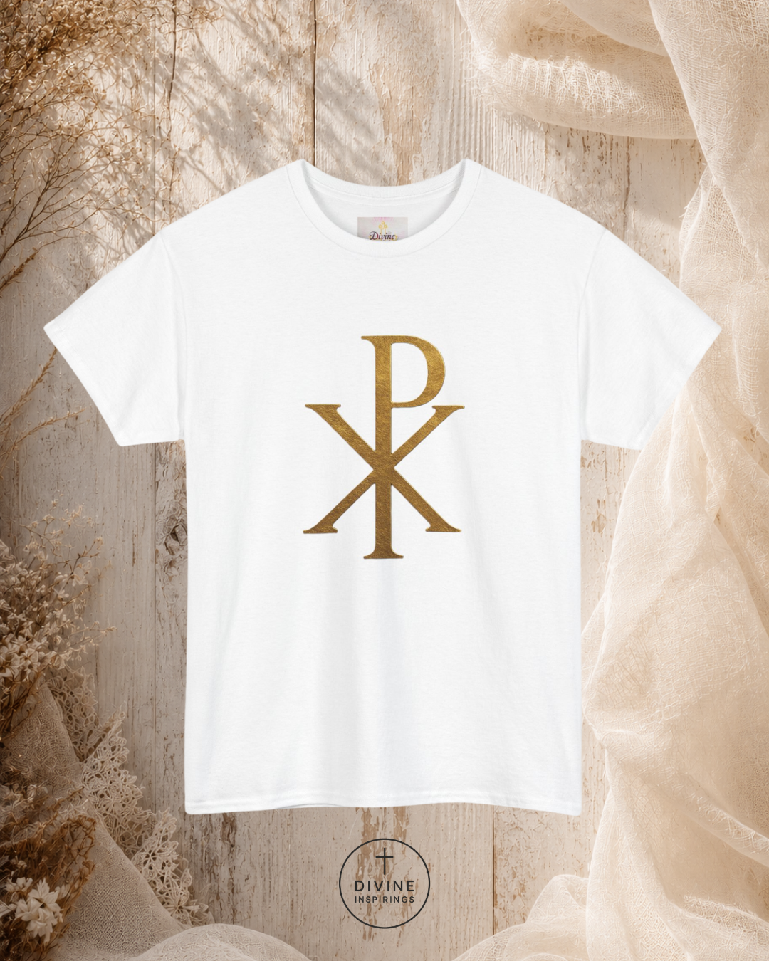 White t-shirt with gold symbol on a textured beige background
