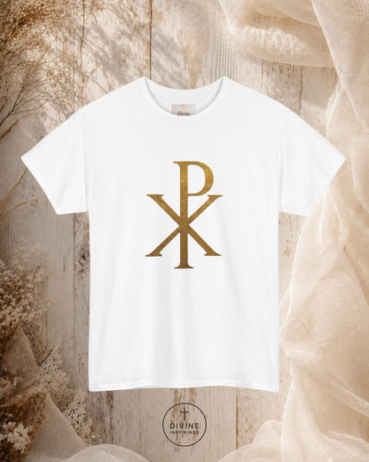 White t-shirt with gold symbol on a textured beige background