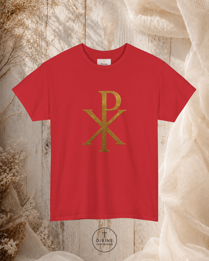 Red t-shirt with gold logo on a textured beige background