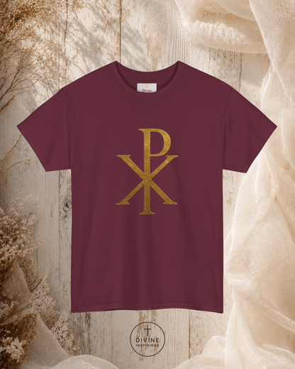 Maroon t-shirt with gold symbol on a textured beige background
