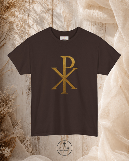 Black t-shirt with gold symbol on a textured beige background
