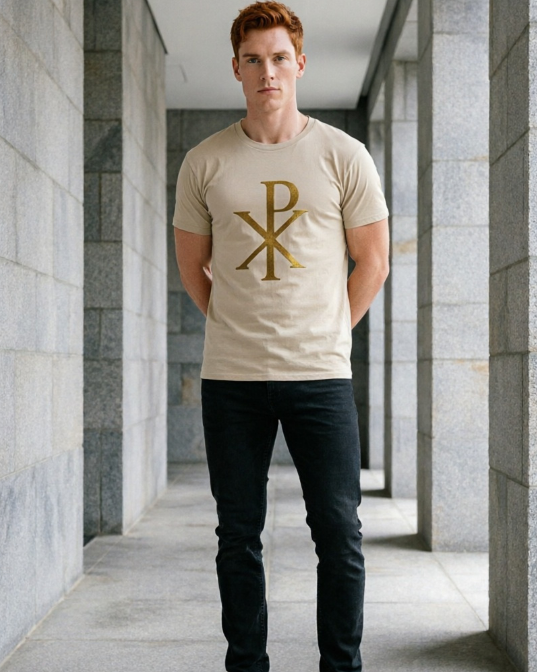 Man wearing a beige t-shirt with a logo in a stone hallway