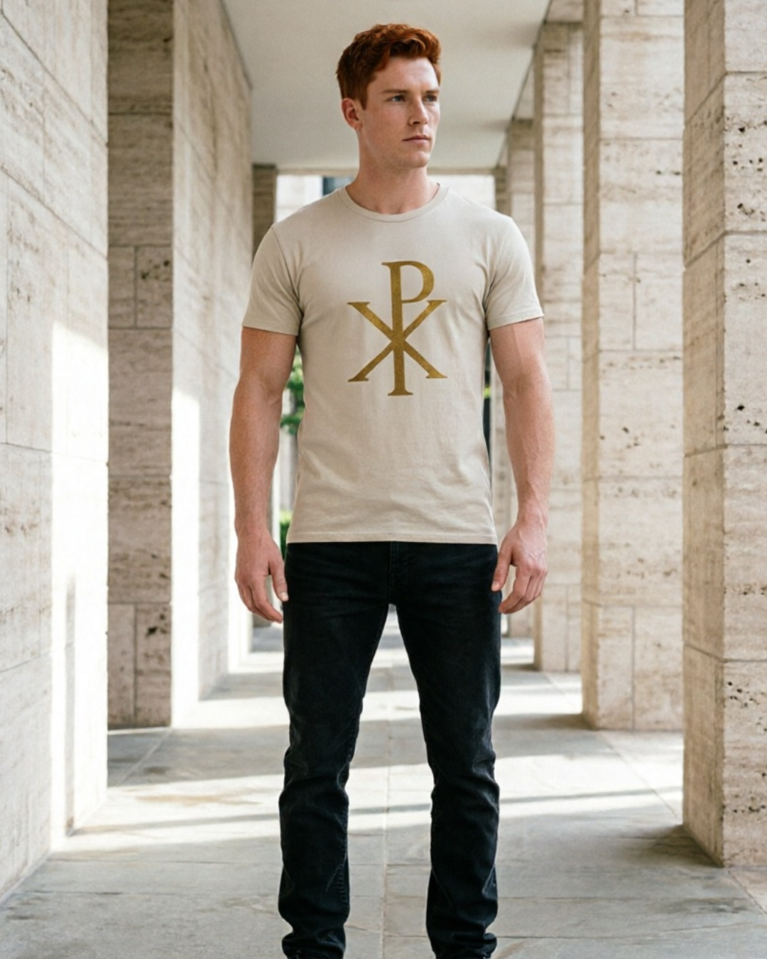 Man wearing a beige t-shirt with a logo in an architectural setting