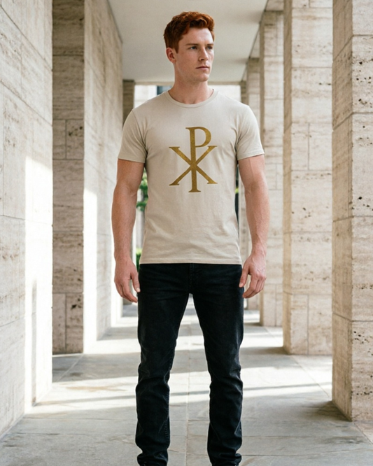 Man wearing a beige t-shirt with a logo in an architectural setting