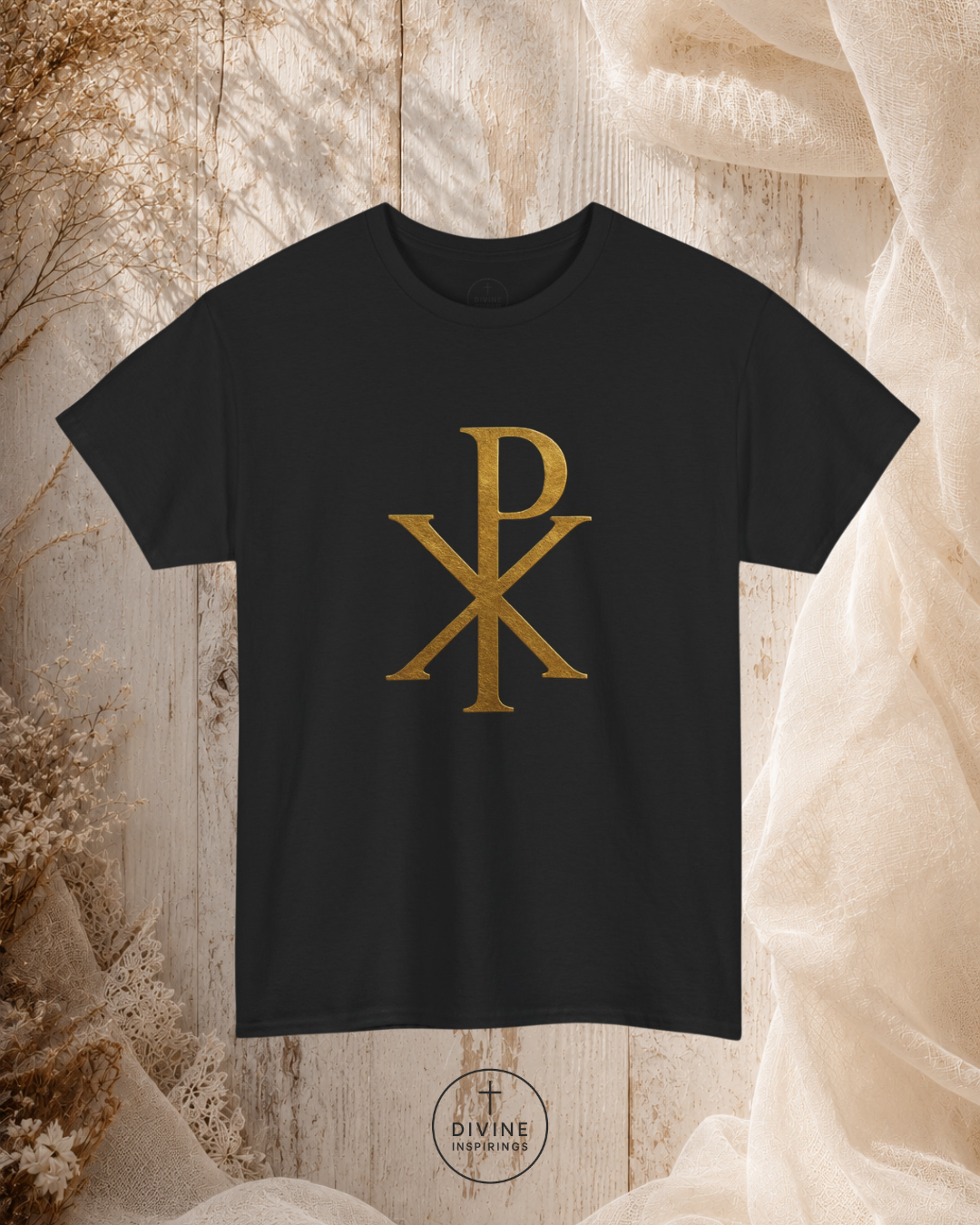 Black t-shirt with gold symbol on a textured beige background