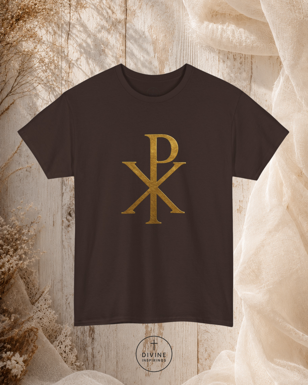 Black t-shirt with gold symbol on a textured beige background