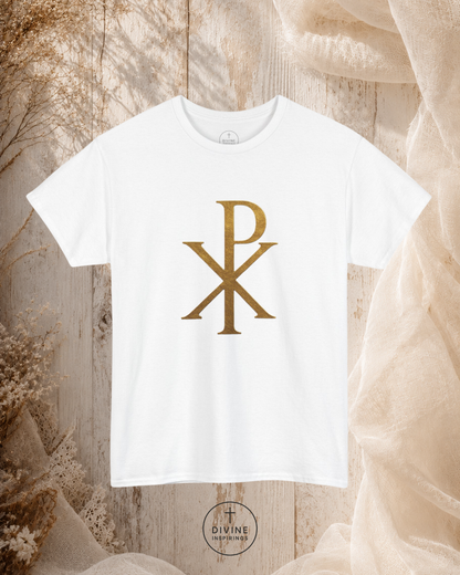 White t-shirt with gold symbol on a textured beige background