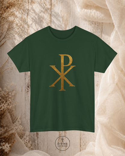 Green t-shirt with gold symbol on a textured beige background