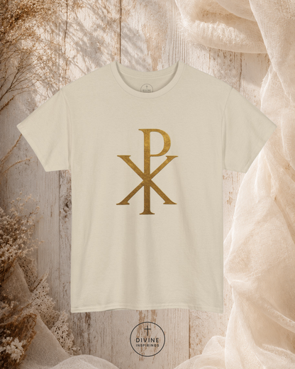 Beige t-shirt with gold symbol on a textured surface