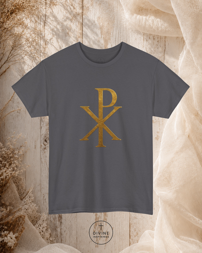 Gray t-shirt with gold logo on a textured beige background