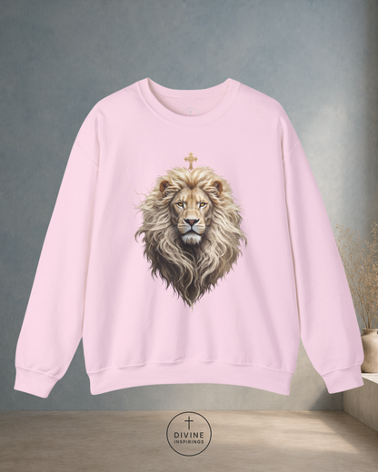 Pink sweatshirt with a lion graphic on a gray background